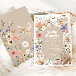 Invitation Baby Shower Bohème Animaux de la Forêt Fleurs Sauv