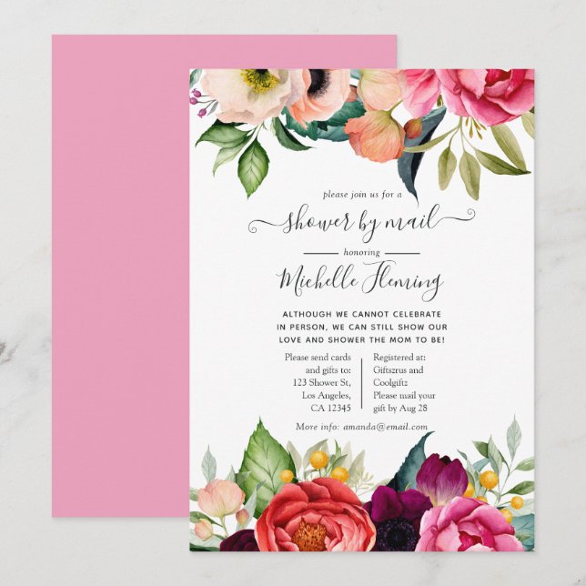 Invitation Baby shower bohème aux fleurs aquarelles par courr (Devant / Derrière)