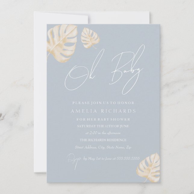 Invitation Baby Shower Bohème Bébé Fille Feuille Bleue  (Devant)
