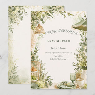 Invitation Baby Shower Bohème Brunch Botanique Vert Sauge