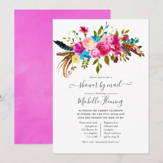 Invitation Baby Shower Bohème Chic Floral Aquarelle par courr (Devant / Derrière)