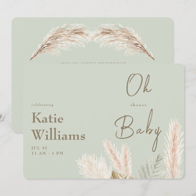 Invitation Baby Shower Bohème Clair Sauge Oh Bébé (Devant / Derrière)