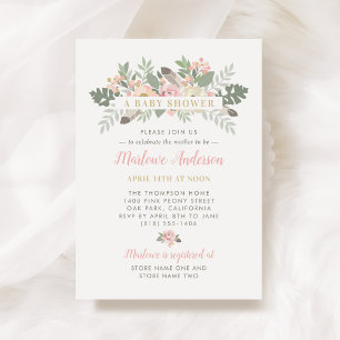 Invitation Baby Shower Bohème Fille Rose Poudré et Or