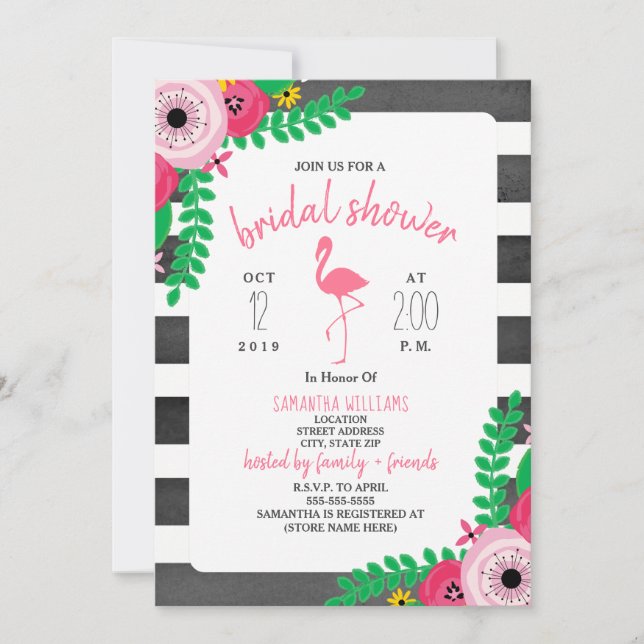 Invitation Baby Shower Bohème Flamingo - Rose + Noir (Devant)