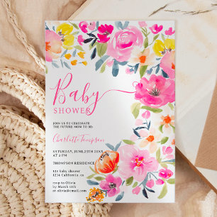 Invitation Baby shower bohème fleuri à l'eau rose