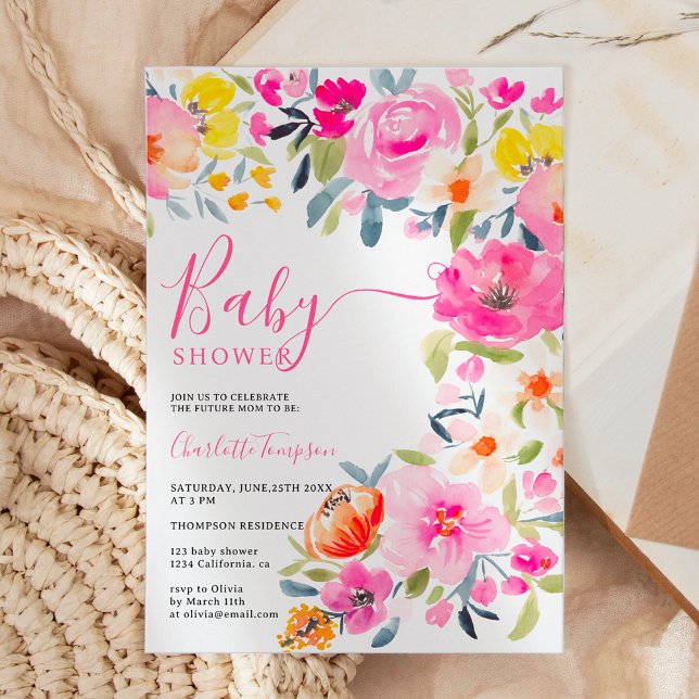Invitation Baby shower bohème fleuri à l'eau rose (Bohemian bold floral watercolor pink baby shower invitation)