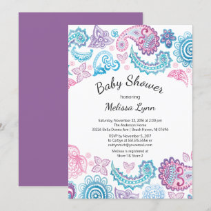 Invitation Baby-Shower Bohème Fleurs Aquarelle Rose et Bleu