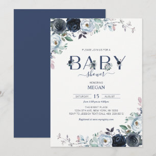 Invitation Baby-Shower Bohème Fleurs Bleu Marine