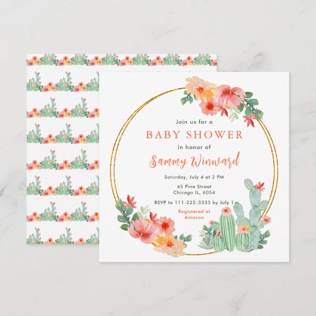 Invitation Baby Shower Bohème Floral Cactus (Devant / Derrière)