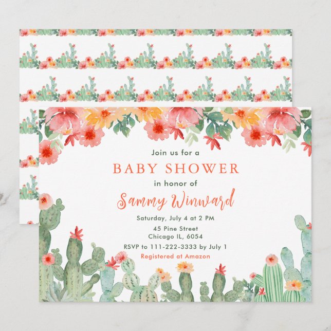 Invitation Baby Shower Bohème Floral Cactus (Devant / Derrière)