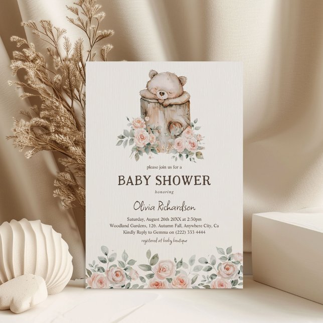 Invitation Baby-Shower Bohème Forestier Ours & Fleurs (Créateur téléchargé)