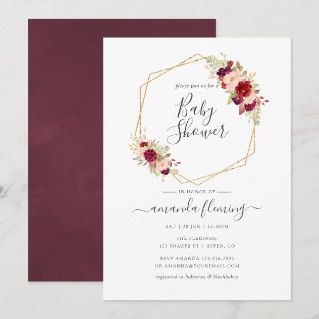 Invitation Baby Shower Bohème Géométrique Marsala et Rose (Devant / Derrière)