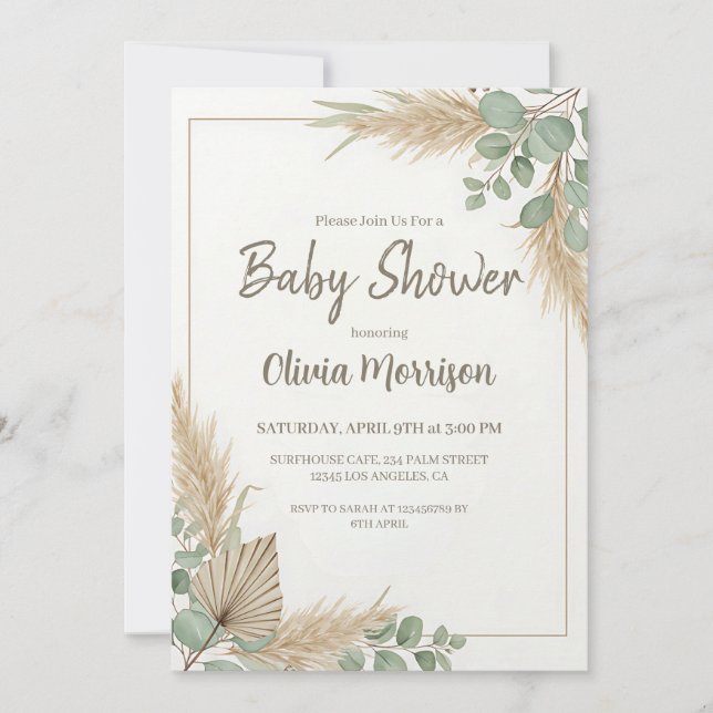 Invitation Baby Shower Bohème Herbe des Pampas (Devant)