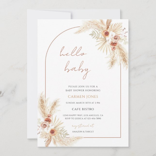 Invitation Baby Shower Bohème Herbe des Pampas (Devant)