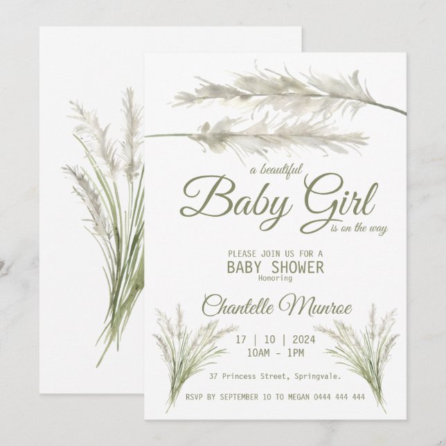 Invitation Baby Shower Bohème Moderne Herbe des Pampas  (Devant / Derrière)
