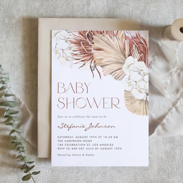 Invitation Baby Shower Bohème Orchidée Blanche et Palmier Séc (This boho baby shower invitation features watercolor white orchids, dried palm leaves, and pampas.)