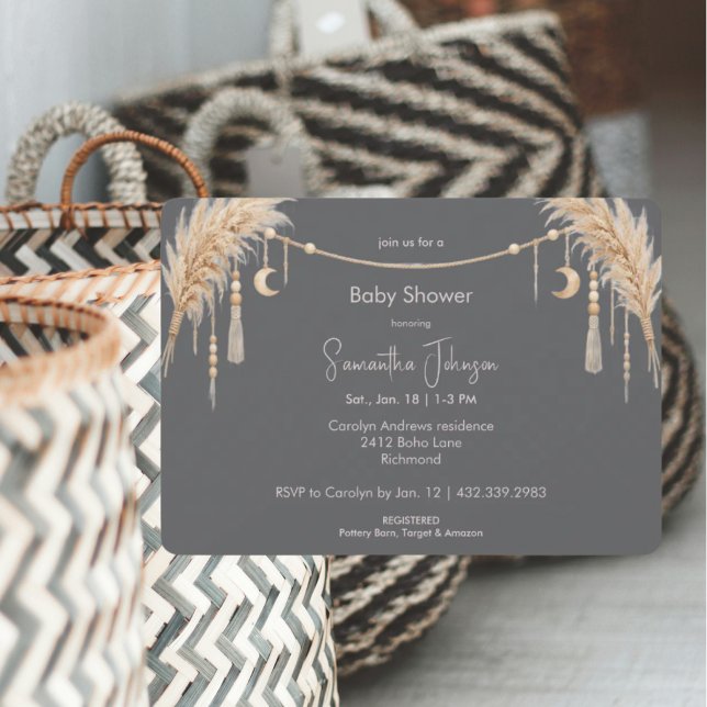 Invitation Baby Shower Bohème Pampas Gris (Créateur téléchargé)