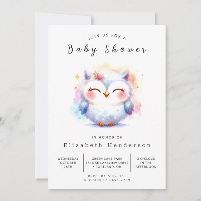 Invitation Baby shower bohème Pastel Owl (Devant)