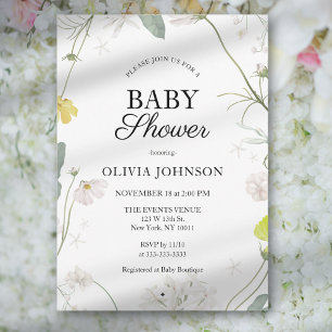 Invitation Baby Shower Bohème Vert Doux et Fleurs pour Bébé d