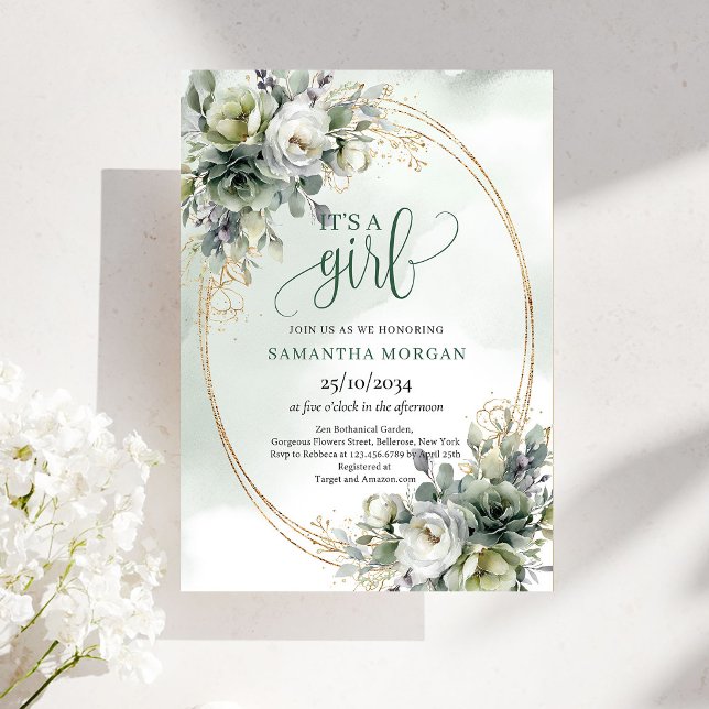 Invitation Baby Shower Bohème Vert Or C'est une Fi (Baby Shower Boho Green Gold It's a Girl Invitation)