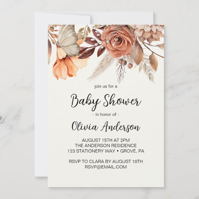 Invitation Baby shower Boho aux fleurs séchées (Devant)