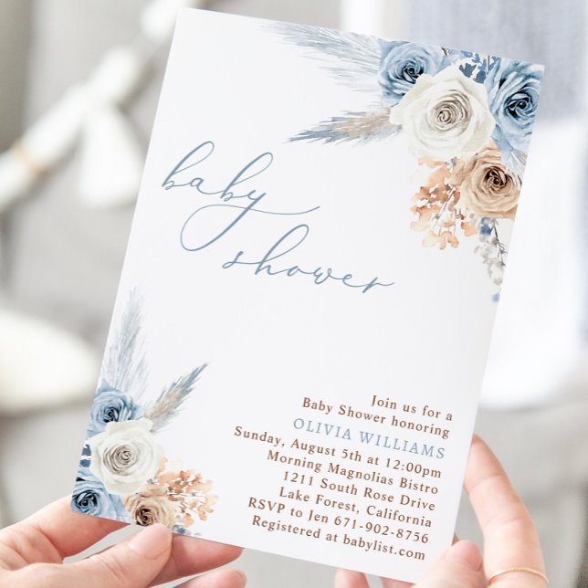 Invitation Baby shower Boho bleu Dusty (Créateur téléchargé)