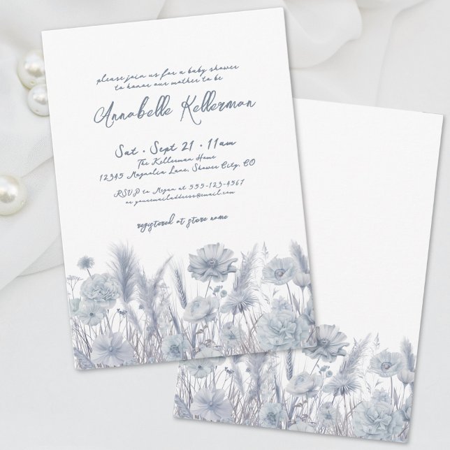 Invitation Baby shower Boho bleu Dusty (Dusty Blue Pampas Floral Boho Baby Shower Invitation)