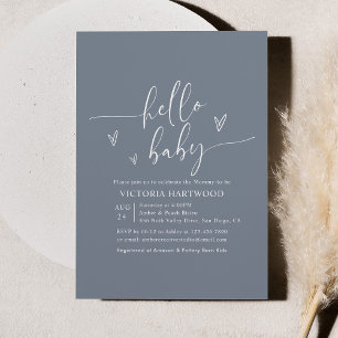 Invitation Baby shower Boho bleu Hello minimaliste