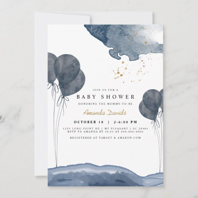 Invitation Baby shower Boho bleu marine à bulle d'aquarelle (Devant)