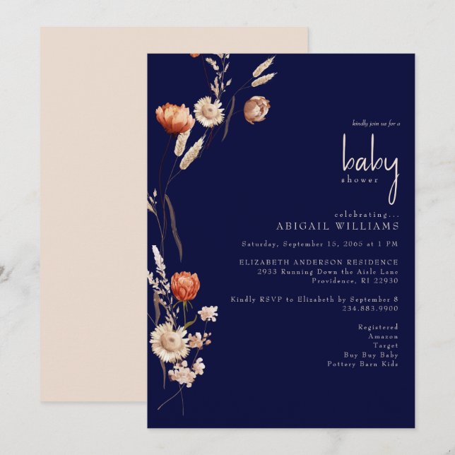 Invitation Baby shower Boho Botanical Navy (Devant / Derrière)
