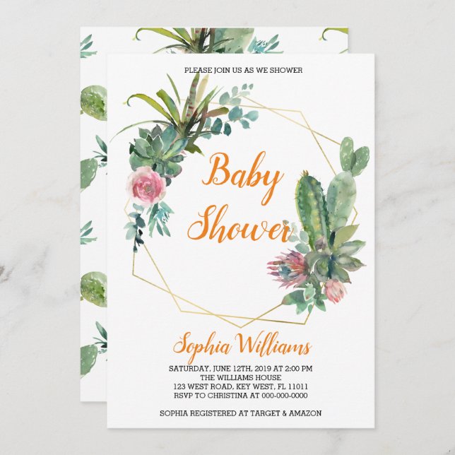 Invitation Baby shower Boho Cactus (Devant / Derrière)