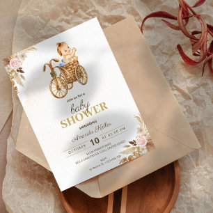 Invitation Baby shower Boho Cute Baby Bicycle Watercolor