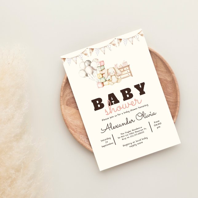 Invitation Baby shower Boho de lapin mignon (Créateur téléchargé)
