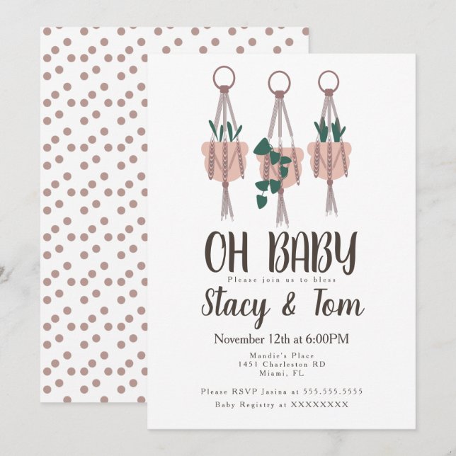 Invitation Baby shower Boho de Plante de Macrame (Devant / Derrière)