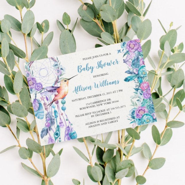 Invitation Baby shower Boho Dreamcatcher Hummingbird (Créateur téléchargé)