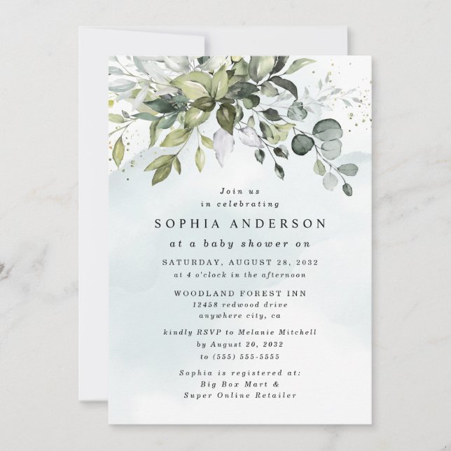 Invitation Baby shower Boho Dusty Blue Eucalyptus Greenery (Devant)