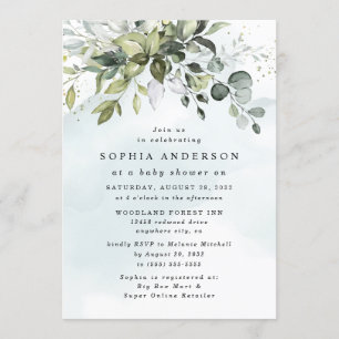 Invitation Baby shower Boho Dusty Blue Eucalyptus Greenery