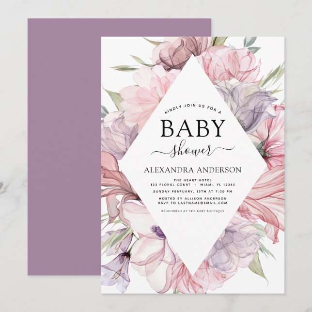 Invitation Baby shower Boho Dusty rose violet (Devant / Derrière)