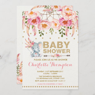 Invitation Baby shower Boho Elephant Gold rose