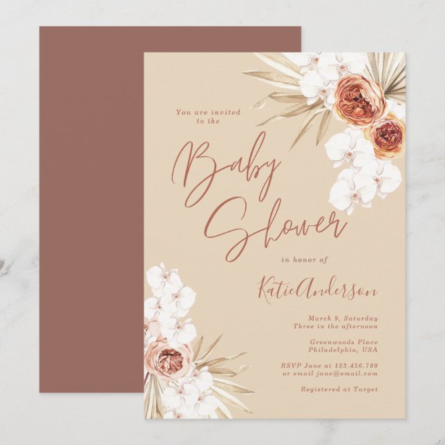 Invitation Baby shower Boho en herbe Pampas Tonique Terre (Devant / Derrière)