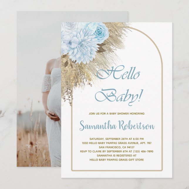 Invitation Baby shower Boho en laiton bleu Pampas Photo (Devant / Derrière)