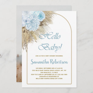 Invitation Baby shower Boho en laiton bleu Pampas Photo