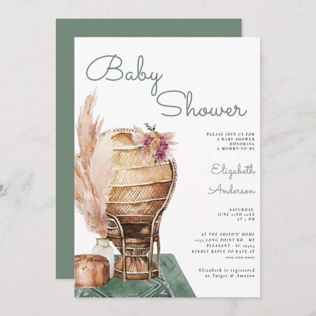 Invitation Baby shower Boho Eucalyptus Green Pampas Boho (Devant / Derrière)