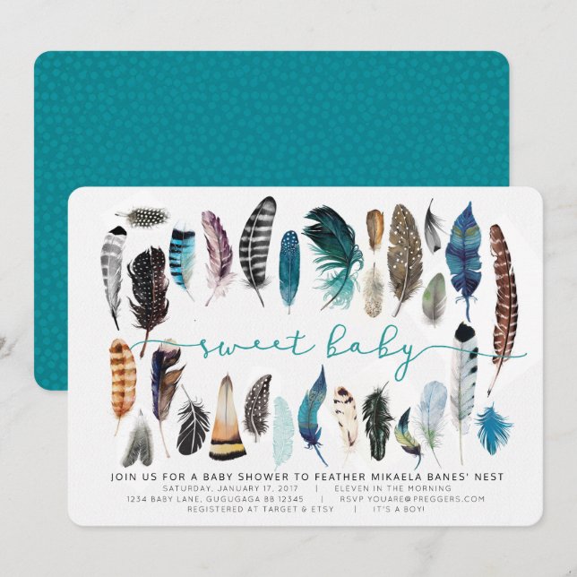 Invitation Baby shower Boho Feather (Devant / Derrière)