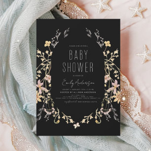 Invitation Baby shower Boho Fleur sauvage noir élégant