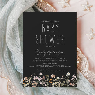Invitation Baby shower Boho Fleur sauvage noir Élégant modern