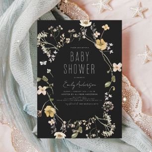 Invitation Baby shower Boho Fleur sauvage noir Élégant modern