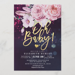 Invitation Baby Shower Boho Floral Feather Violet Bokeh Lumiè