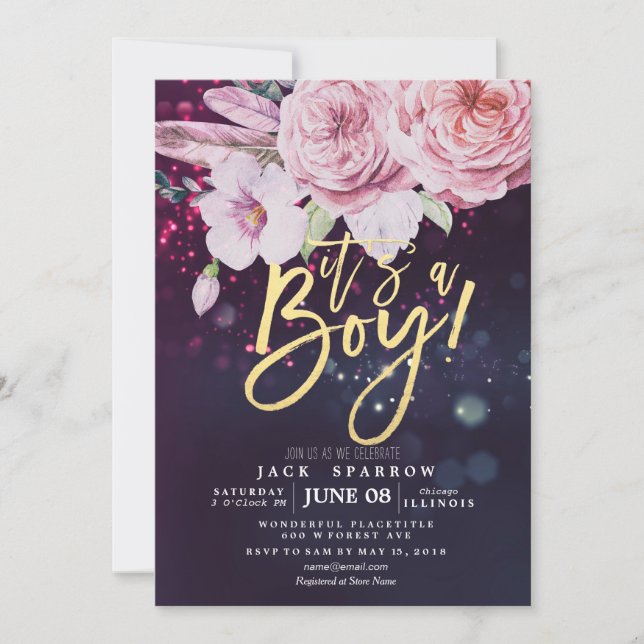 Invitation Baby shower Boho Floral Plumes violet Bokeh Lumièr (Devant)