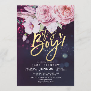 Invitation Baby shower Boho Floral Plumes violet Bokeh Lumièr